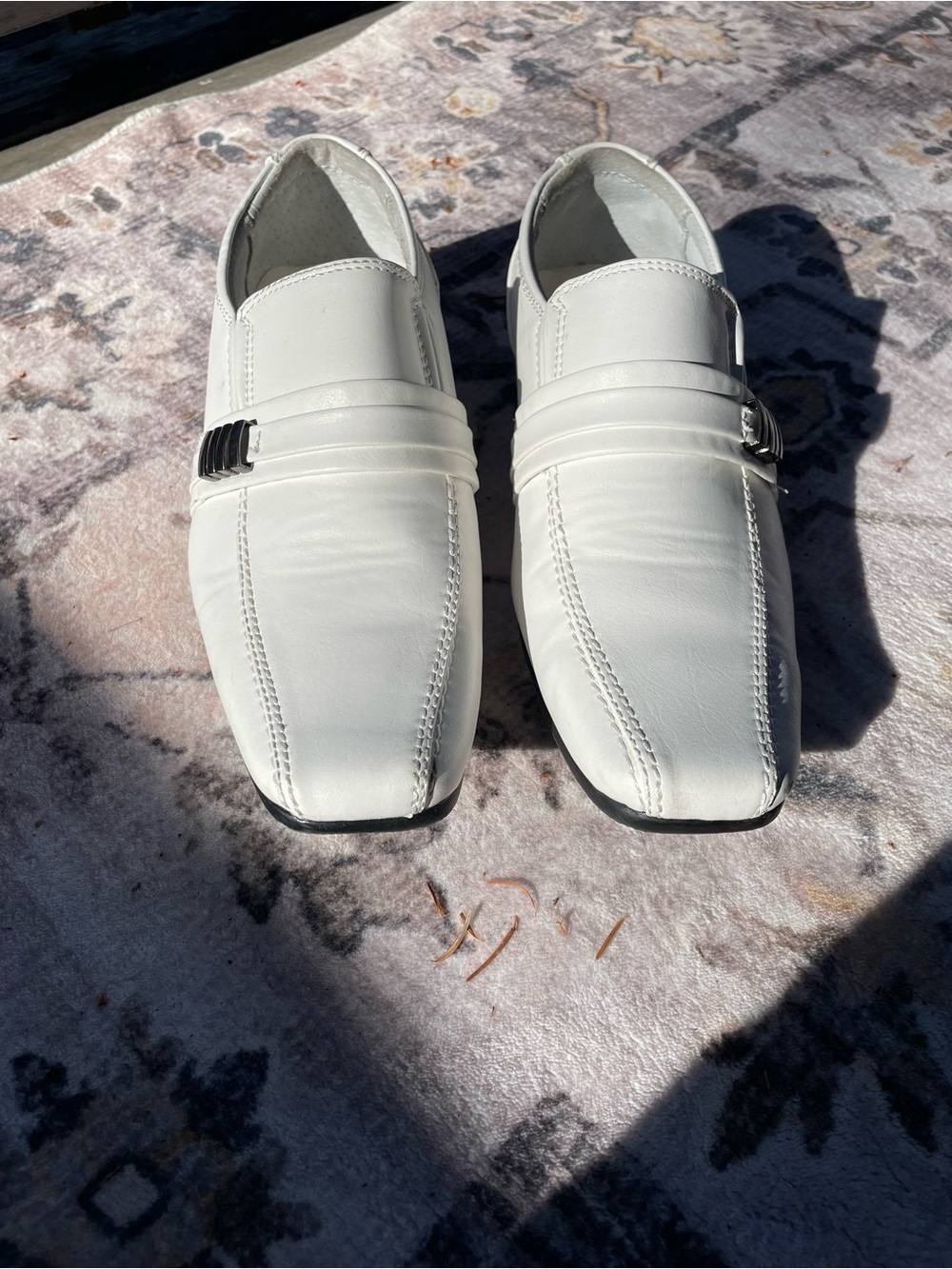 Men's White Slip-On Leatherette Dress Loafers with Buckle Accent